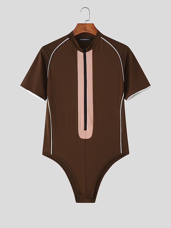 Men's Color Block Zip Short Sleeve Bodysuit SKUL37309