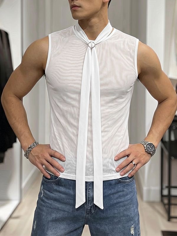Men's Avant-Garde Hardware Ring Choker Tie Sheer Mesh Tank SKUL71426