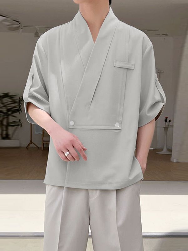 Men's Avant-Garde Deconstructed Kimono-Style Utility Short Sleeve Shirt SKUL63240