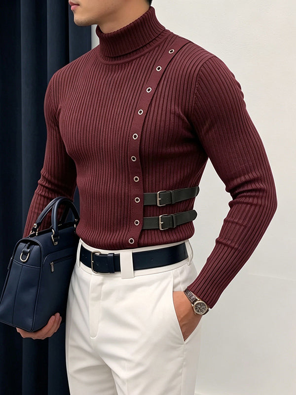 Men's Early Autumn High Street Eyelet Trim Rib-Knit Fitted Long Sleeve Roll Neck Sweater SKUL81071