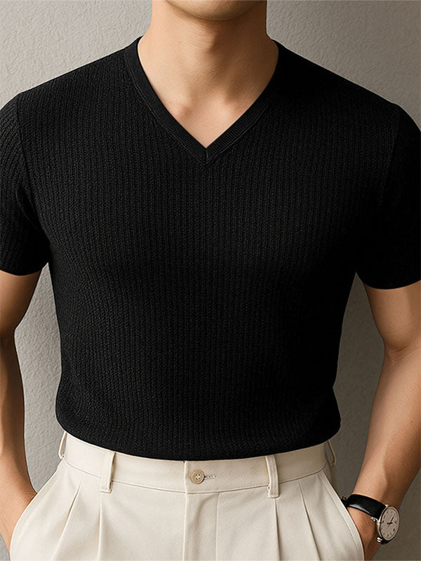 Mens Textured Knit V-Neck Short Sleeve T-Shirt SKUL13188