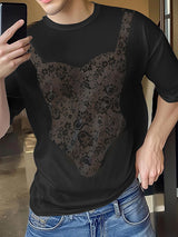 Mens Lace Patchwork Casual Short Sleeve T-Shirt SKUL13907