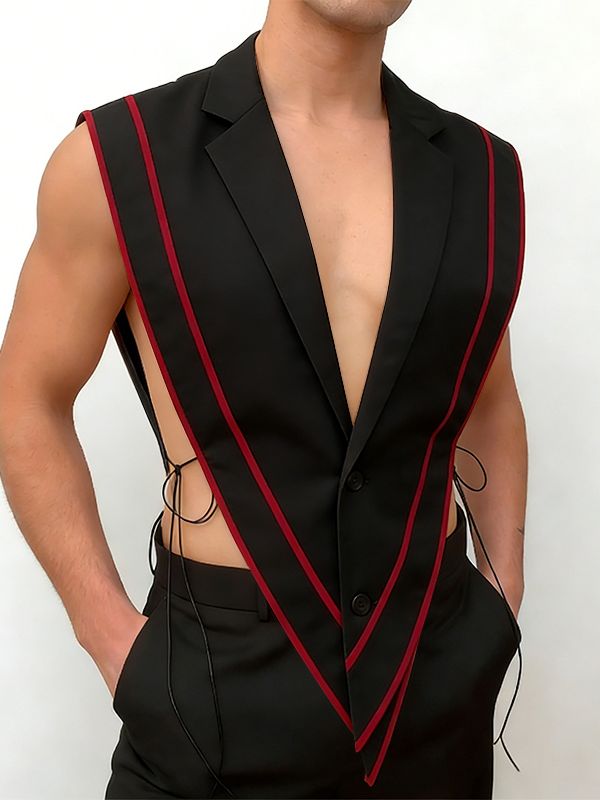Men's Avant-Garde Open-Side Lace-Up Contrast Stripe Waistcoat SKUL54015