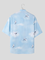 Mens Cranes Print Stand Collar Short Sleeve Shirt SKUK65450