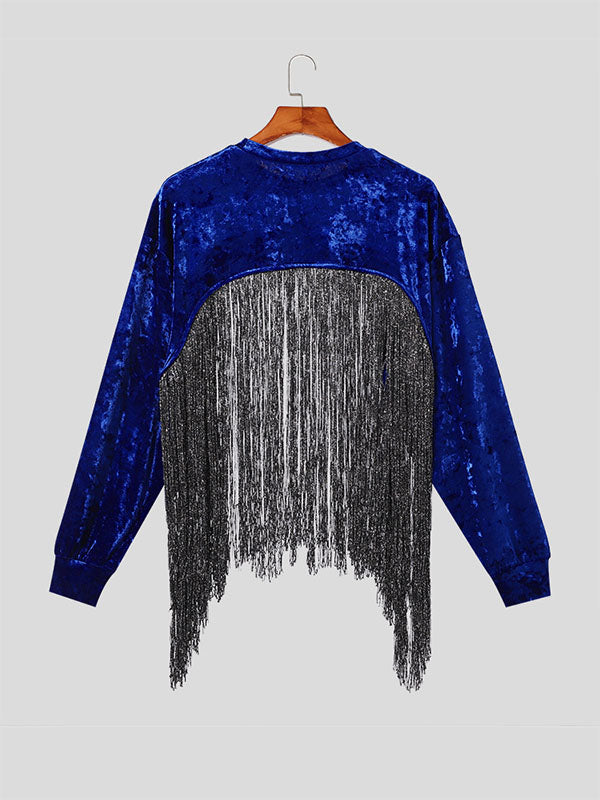 Mens Velvet Fringe Patchwork Long Sleeve T-Shirt SKUK40465