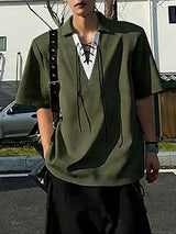 Men's Striped Eyelet Drawstring Half Sleeve Shirt SKUL50015