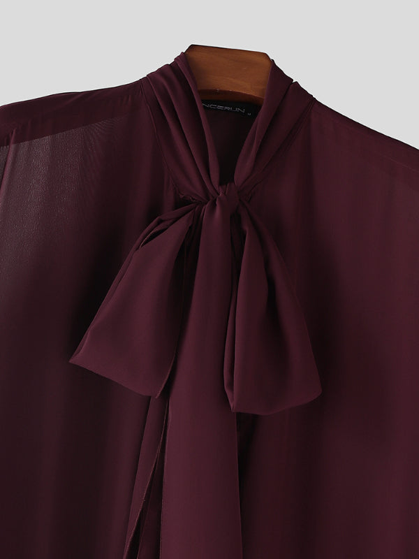 Men's Ruffled Patchwork Sheer Mesh Long Sleeve Shirt SKUL27365