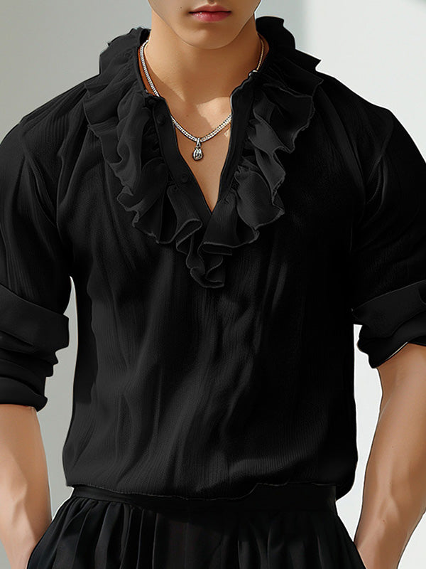 Mens Mesh Ruffled Collar Long Sleeve Shirt SKUK71372