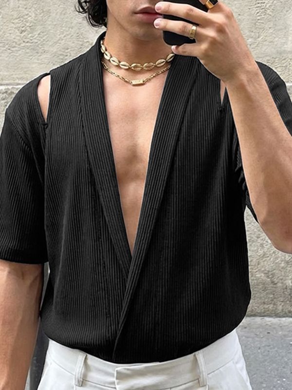 Men's Avant-Garde Ribbed Crossover Deep V-Neck Cold-Shoulder Shirt SKUL56539