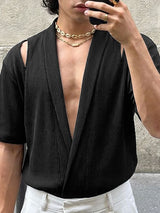 Men's Avant-Garde Ribbed Crossover Deep V-Neck Cold-Shoulder Shirt SKUL56539