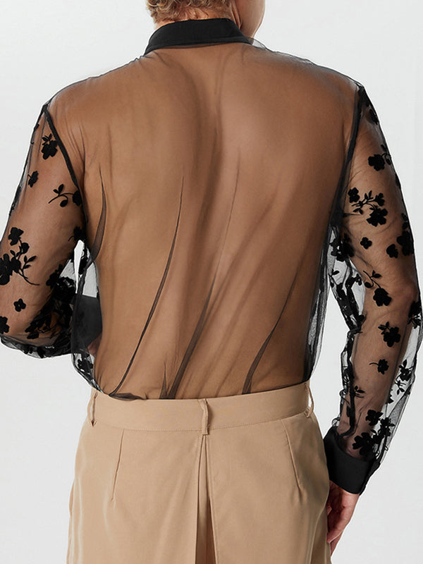 Mens Flowers Embroidered See Through Shirt SKUK52807