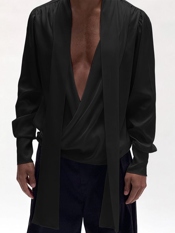 Men's Ribbon Tie Design Draped Neck Long Sleeve Shirt SKUL47590