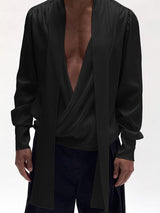 Men's Ribbon Tie Design Draped Neck Long Sleeve Shirt SKUL47590