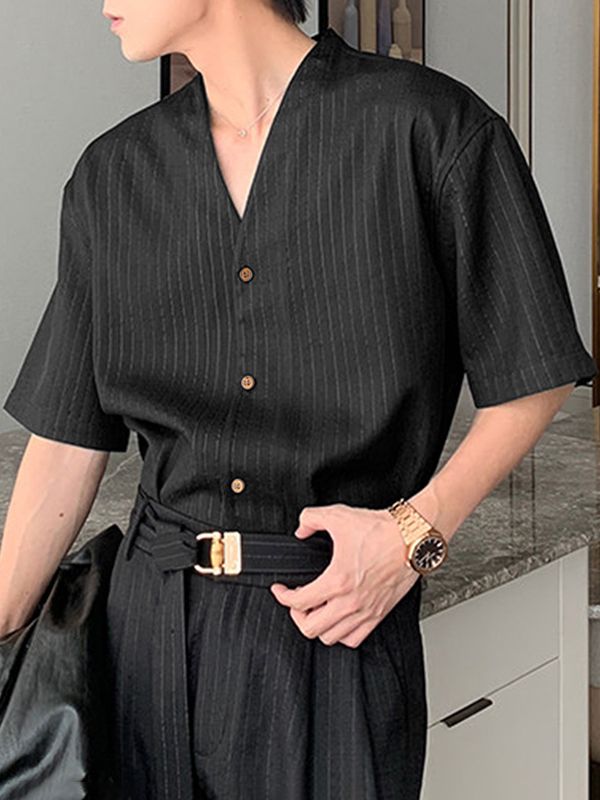 Men's Japanese Chic Pinstripe Collarless Deep V-Neck Boxy Cropped Short Sleeve Shirt SKUL68458