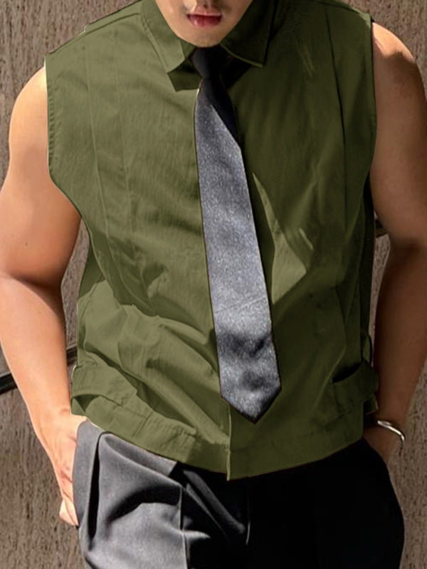 Mens Solid Color Ribbon Tie Sleeveless Shirt SKUL14072