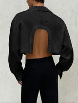 Men's Back Cutout Satin Cropped Long Sleeve Shirt SKUL47871