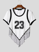 Men's Number Print Sheer Lace Patchwork Short Sleeve T-Shirt SKUL22539