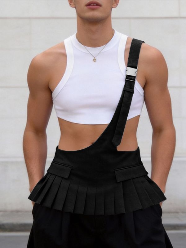 Men's Avant-Garde Asymmetric One-Shoulder Buckle Strap Pleated Peplum Skirt SKUL62715
