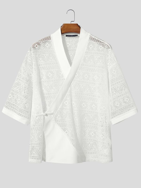 Men's Avant-Garde Geometric Hollow-Out Lace New Chinese Style Wrap Cardigan SKUL55355