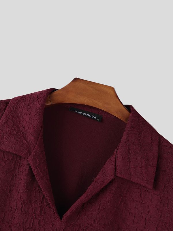 Men's Solid Color Textured V Neck Two Pieces Outfit SKUL54003