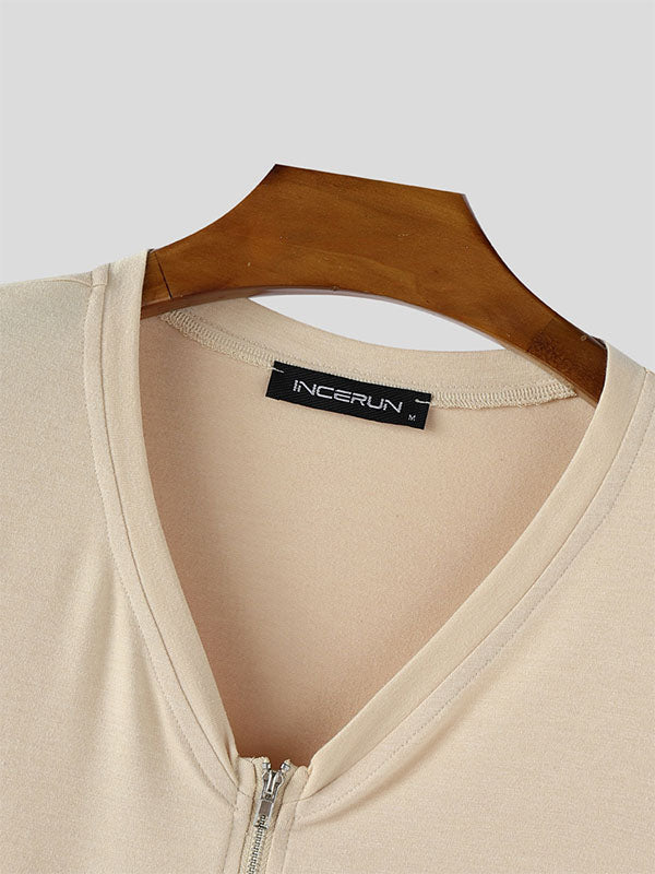 Mens Solid Color Knit Zip Short Sleeve T-Shirt SKUL15007