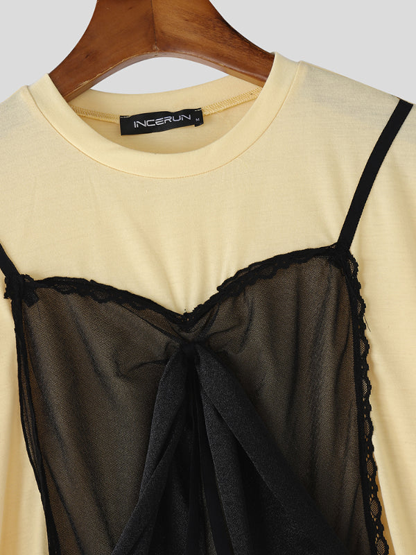 Mens Lace Patchwork Contrast Color Short Sleeve T-Shirt SKUL13959