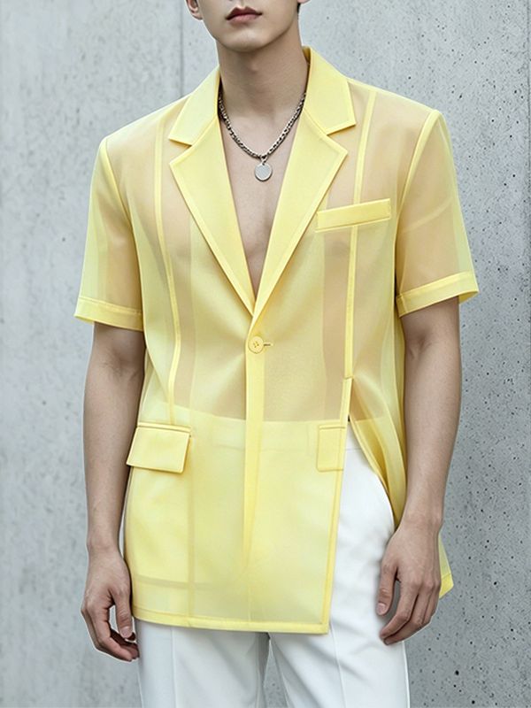 Men's Avant-Garde Sheer Organza Mesh Notch Lapel Asymmetric Split Short Sleeve Blazer SKUL58779