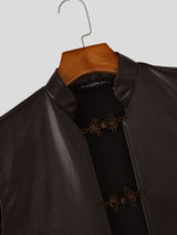 Men's Avant-Garde Modern Chinoiserie Faux Leather Frog Button Cropped Waistcoat SKUL64156