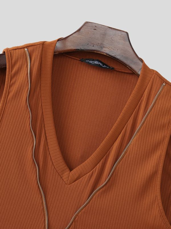 Men's Avant-Garde Ribbed V-Neck Full-Length Zipper Tank SKUL61920