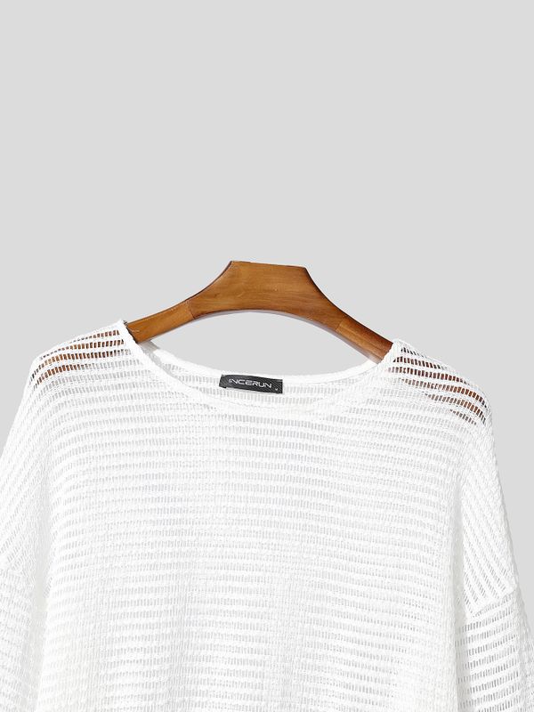 Men's Sexy Party Horizontal Stripe Open Knit See-Through Loose Long Sleeve T-shirt SKUL81855