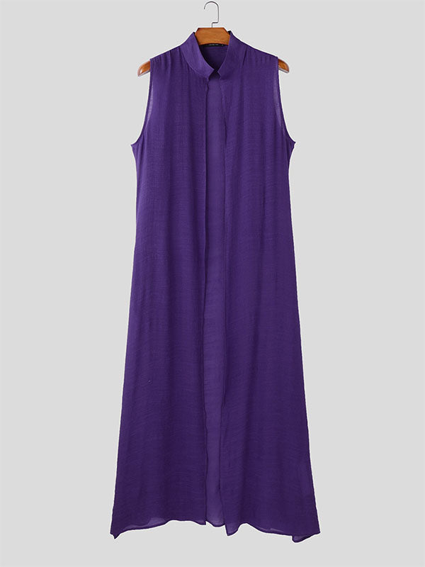 Mens Solid Color Stand Collar Sleeveless Long Cardigan SKUL05725