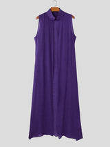 Mens Solid Color Stand Collar Sleeveless Long Cardigan SKUL05725