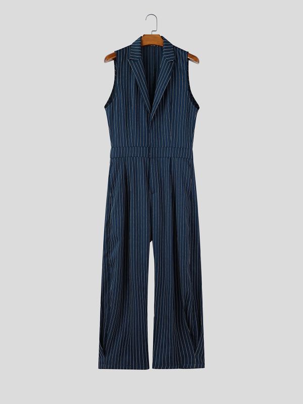 Men's Victorian Vintage Stage Performance Pinstripe Lapel Vest Pleated Wide-Leg Jumpsuit SKUL84568