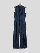 Men's Victorian Vintage Stage Performance Pinstripe Lapel Vest Pleated Wide-Leg Jumpsuit SKUL84568