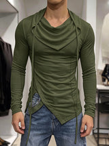 Men's Avant-Garde High Street Draped Cowl Neck Hanging Drawstring Asymmetrical Pointed Hem Long Sleeve T-shirt SKUL83998