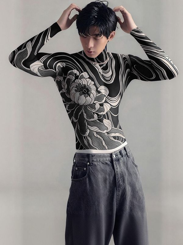 Men's Floral Tattoo Print High Neck Long Sleeve T-shirt SKUL45282
