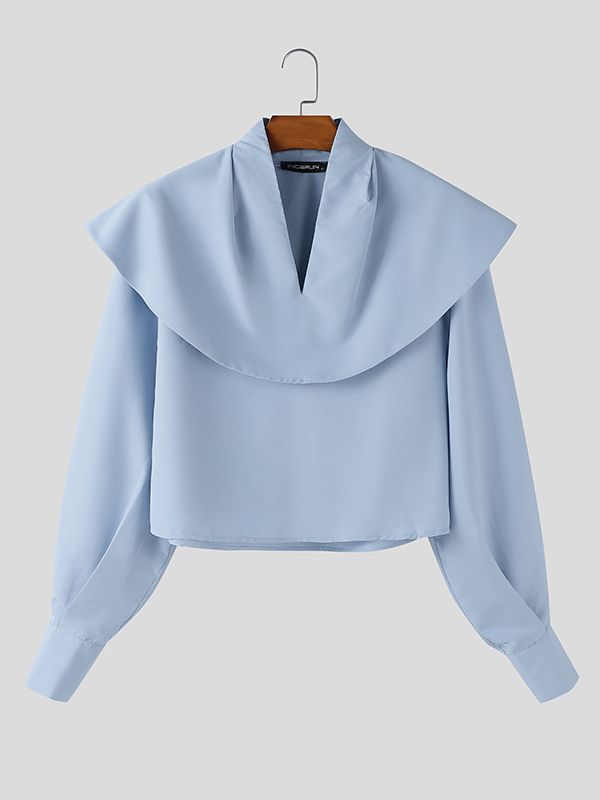 Men's Solid Color Draped Neck Gigot Sleeve Shirt SKUL45322