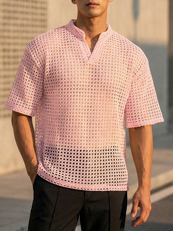 Men's Sheer Mesh Stand Collar Short Sleeve T-shirt SKUL59482