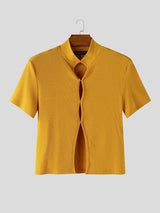 Men's Ribbed Slim Fit Mock Neck Cut Out Button Up Cropped T-shirt SKUL56542