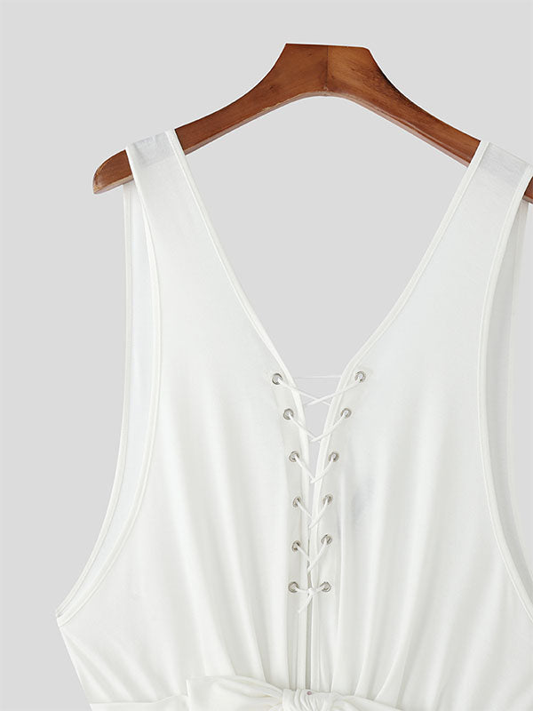 Mens Solid Color Knit Drawstring Bodysuit SKUL14194