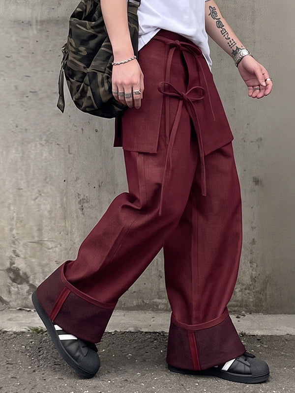 Men's Retro Party Ribbon Wrap Front Turn-Up Wide Cuff Loose Pant SKUL80624