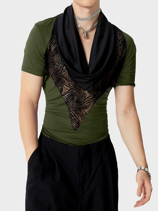 Mens Lace-Panel Cowl Neck Short Sleeve T-Shirt SKUK69168