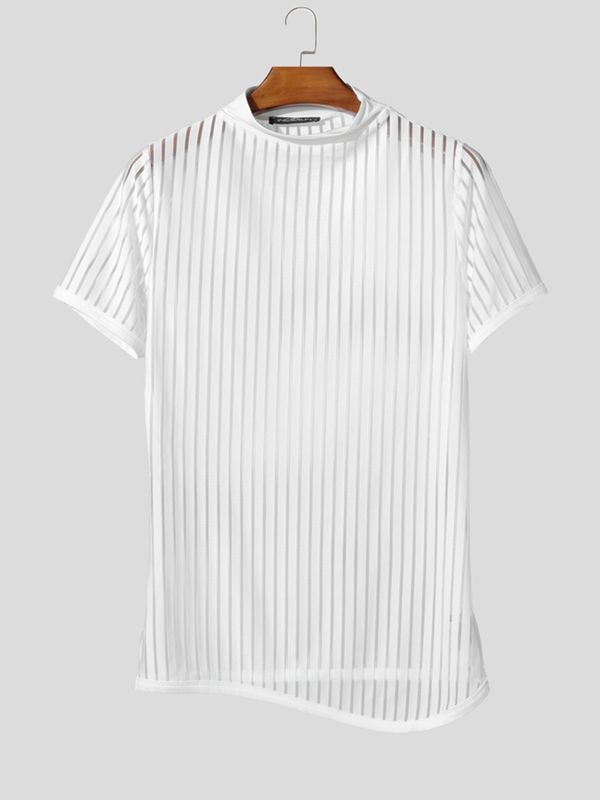 Men's Avant-Garde High Street Sheer Trend Vertical Stripe Mesh Mock Neck T-shirt SKUL64165