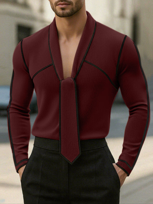 Men's Knit Contrast Color Tie Long Sleeve T-shirt SKUL43758