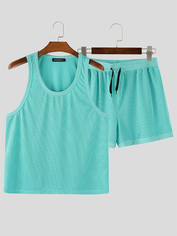 Mens Solid Color Sheer Mesh Two Pieces Outfit SKUL18019