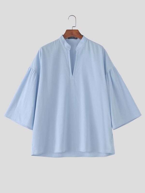 Men's Vintage Harajuku Minimalist Deep V-Neck Mandarin Collar Puff Sleeve Shirt SKUL70241