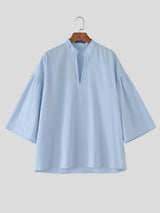 Men's Vintage Harajuku Minimalist Deep V-Neck Mandarin Collar Puff Sleeve Shirt SKUL70241