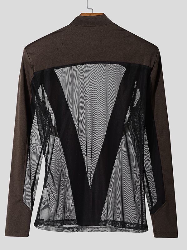 Men's Sheer Mesh Patchwork Long Sleeve T-shirt SKUL48681