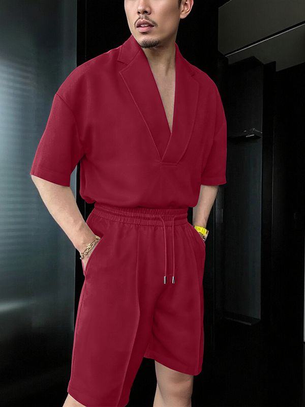 Men's Solid Color V Neck Casual Two Pieces Outfit SKUL50049
