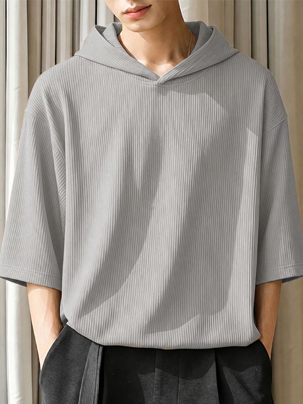 Men's High Street Casual Ribbed Drop Shoulder Hooded Half Sleeve T-shirt SKUL74691
